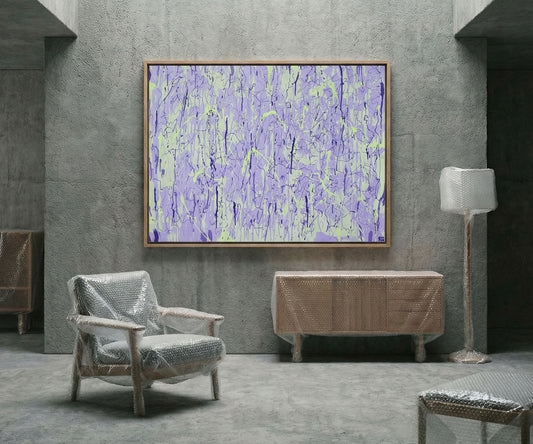 Large purple abstract painting displayed on a textured concrete wall in a modern room.