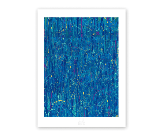 Blue abstract wall art print with layered textures and expressive paint splashes by The Jana Saga.