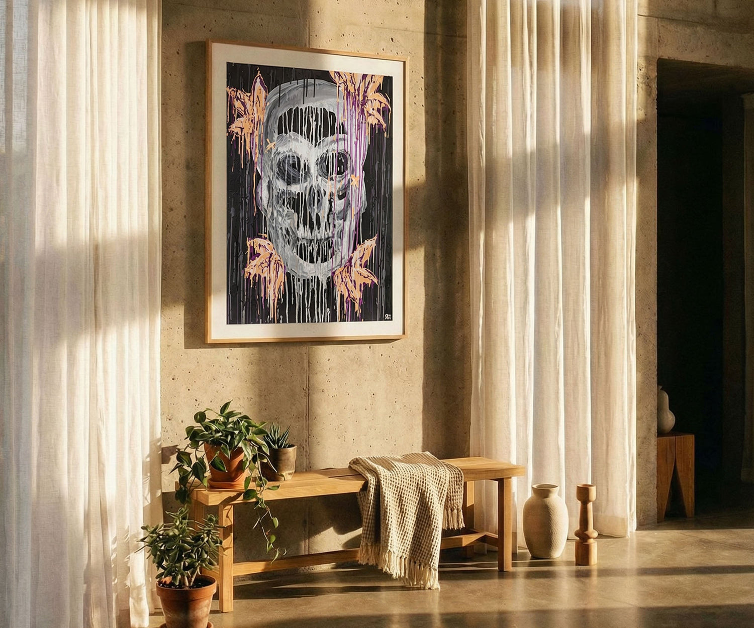 Framed skull abstract wall art displayed on a concrete wall in a modern interior.