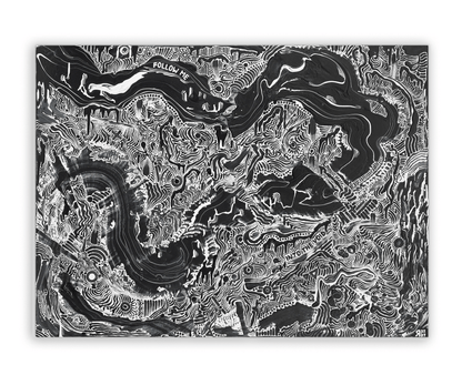 Black and white abstract line artwork ‘Into the Void’ by The Jana Saga.