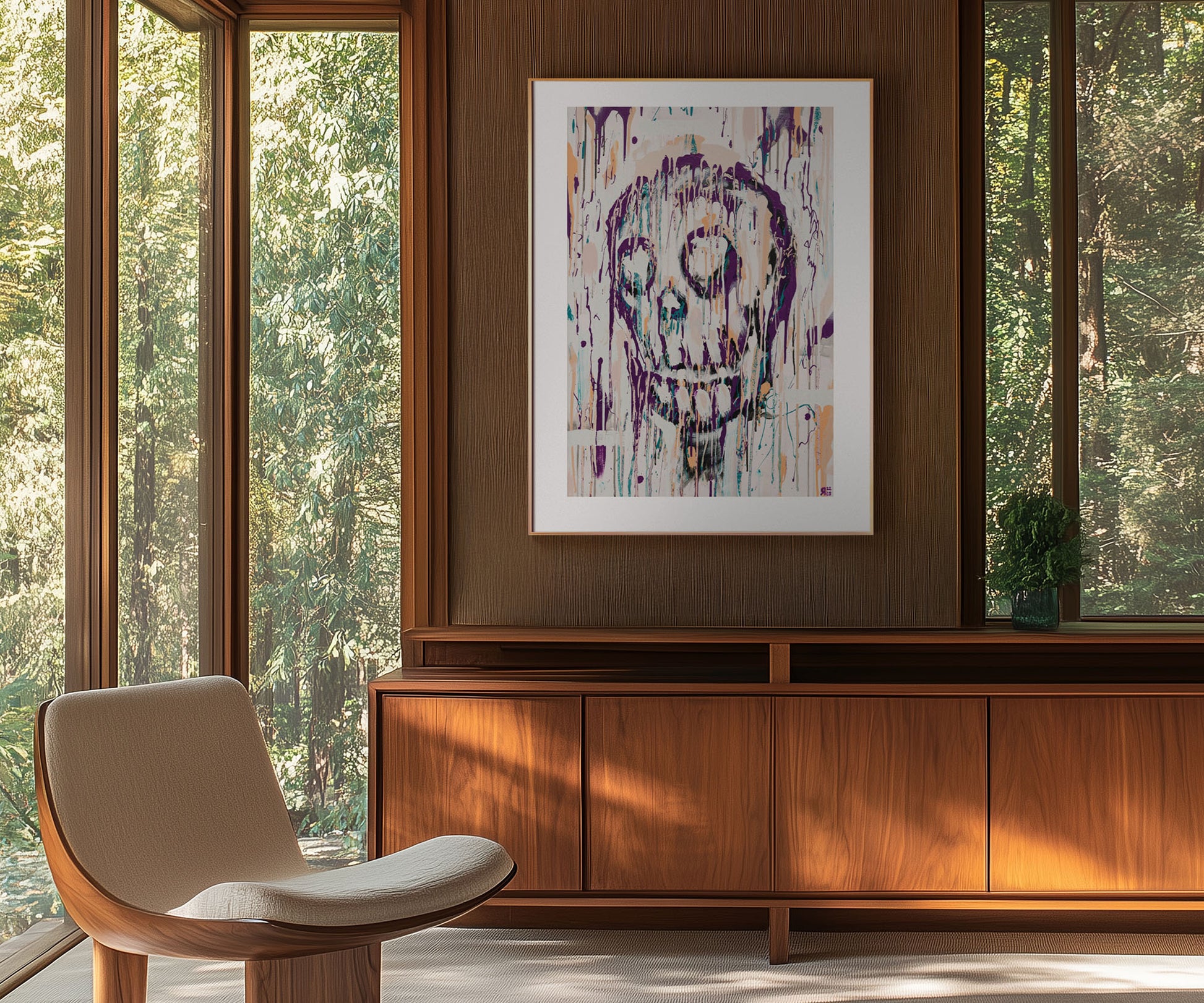 Abstract skull art print hanging on a wooden feature wall in a modern interior.