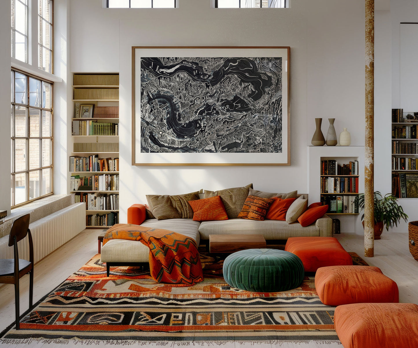 Large black and white abstract wall art print above a sofa in a modern living room.