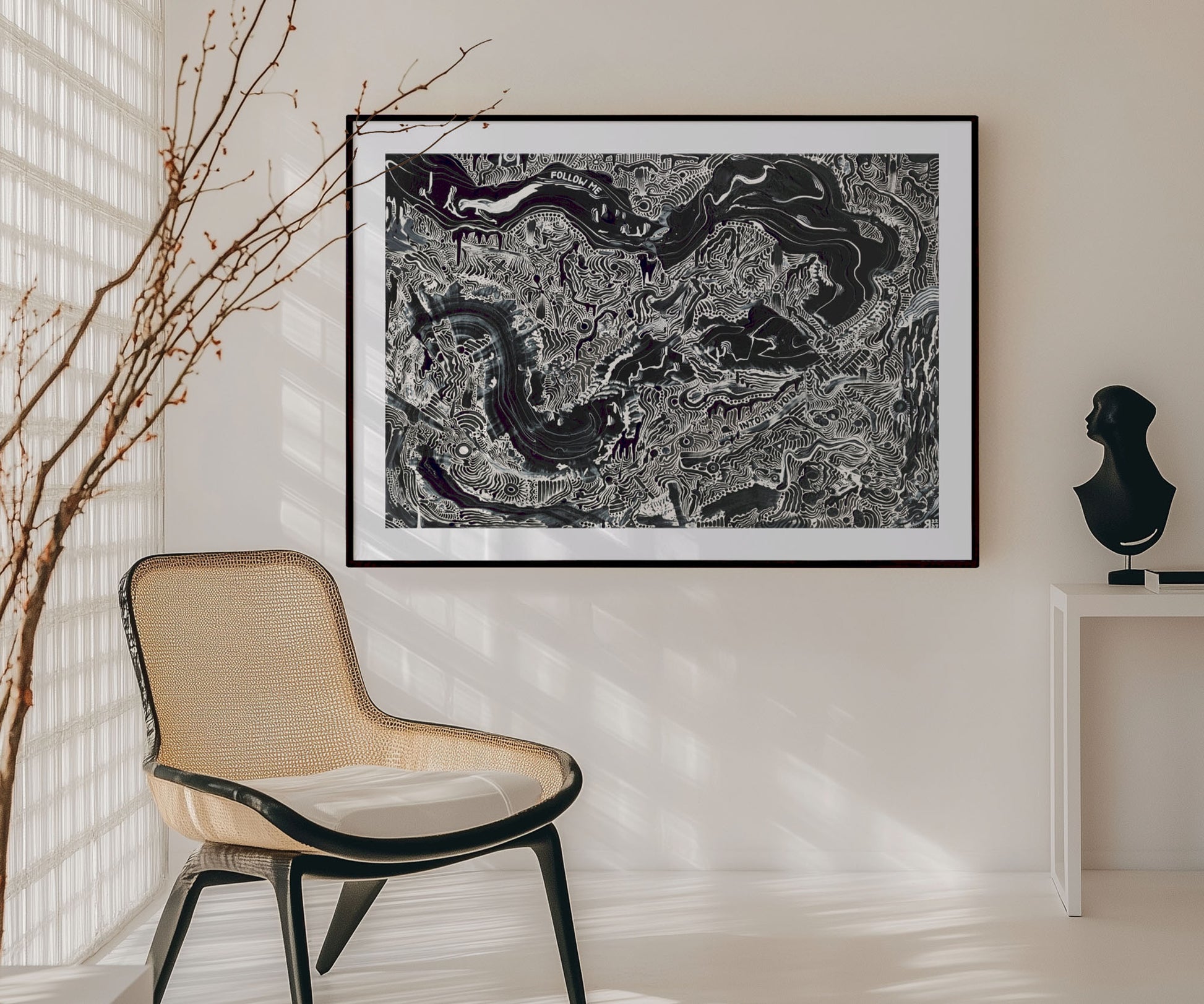 Large black and white abstract wall art print displayed in a modern interior.