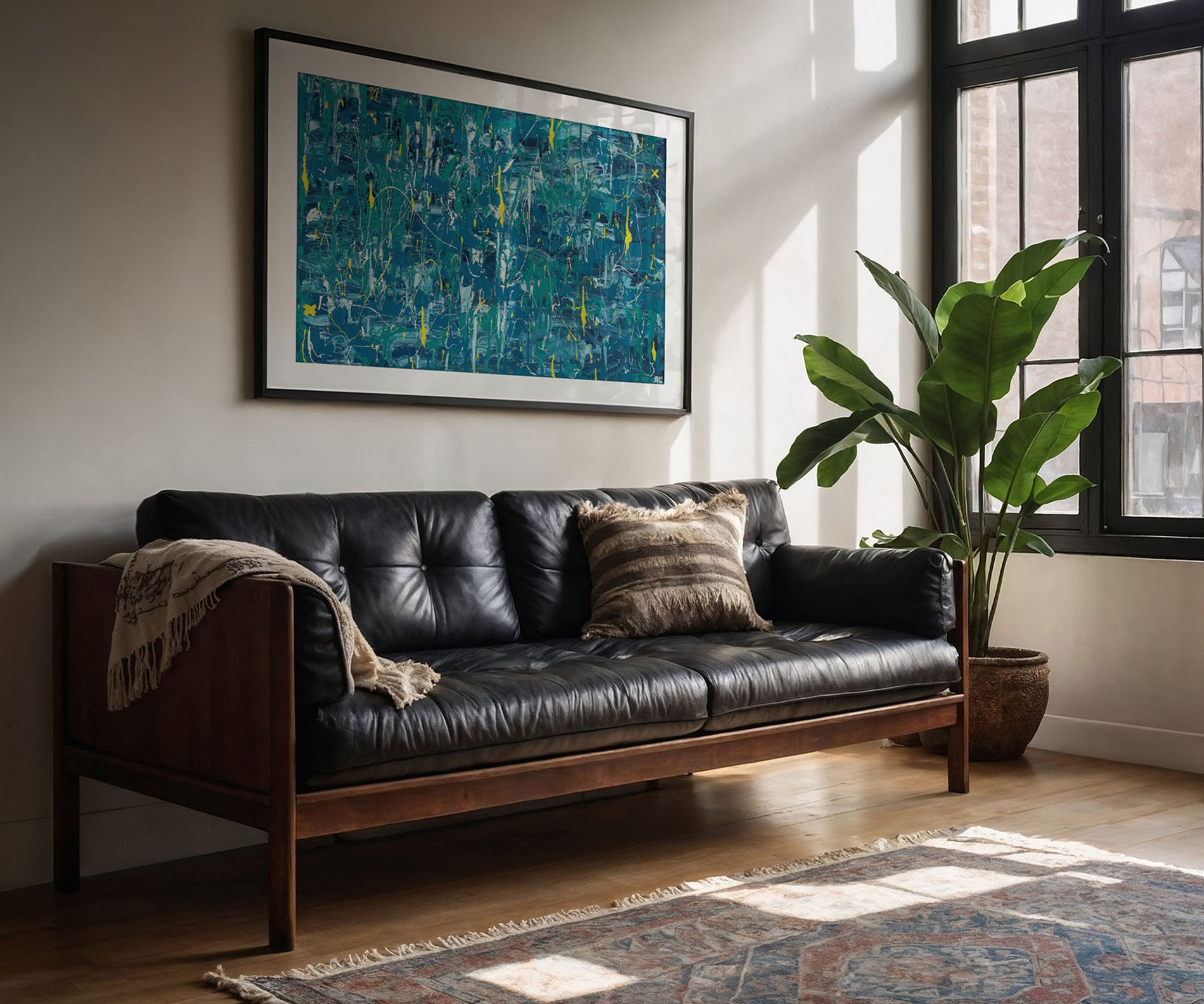 Framed blue abstract artwork displayed above a black leather sofa in a sunlit living room.