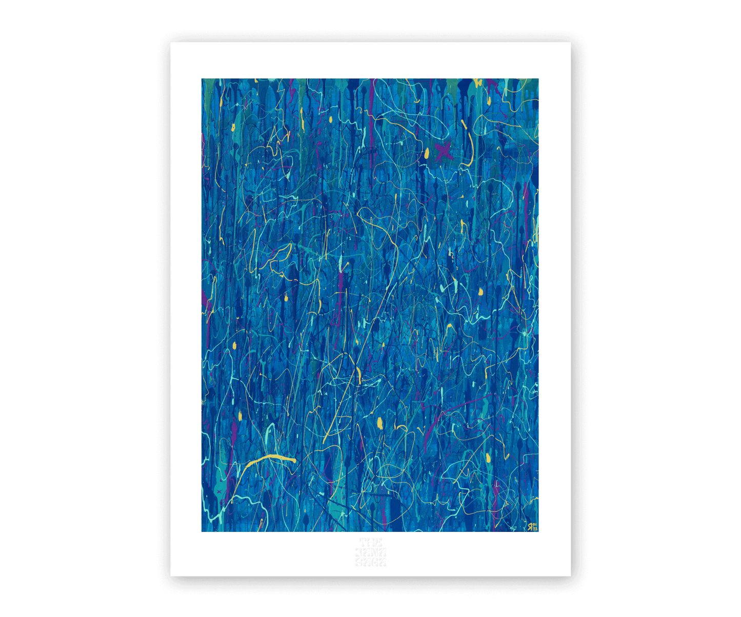 Blue abstract wall art print with layered textures and expressive paint splashes by The Jana Saga.