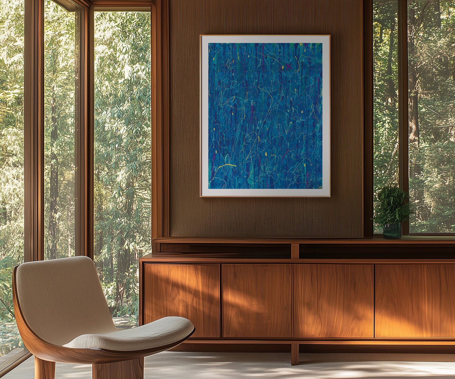 Blue abstract wall art print by The Jana Saga styled in a modern wooden interior with forest views.