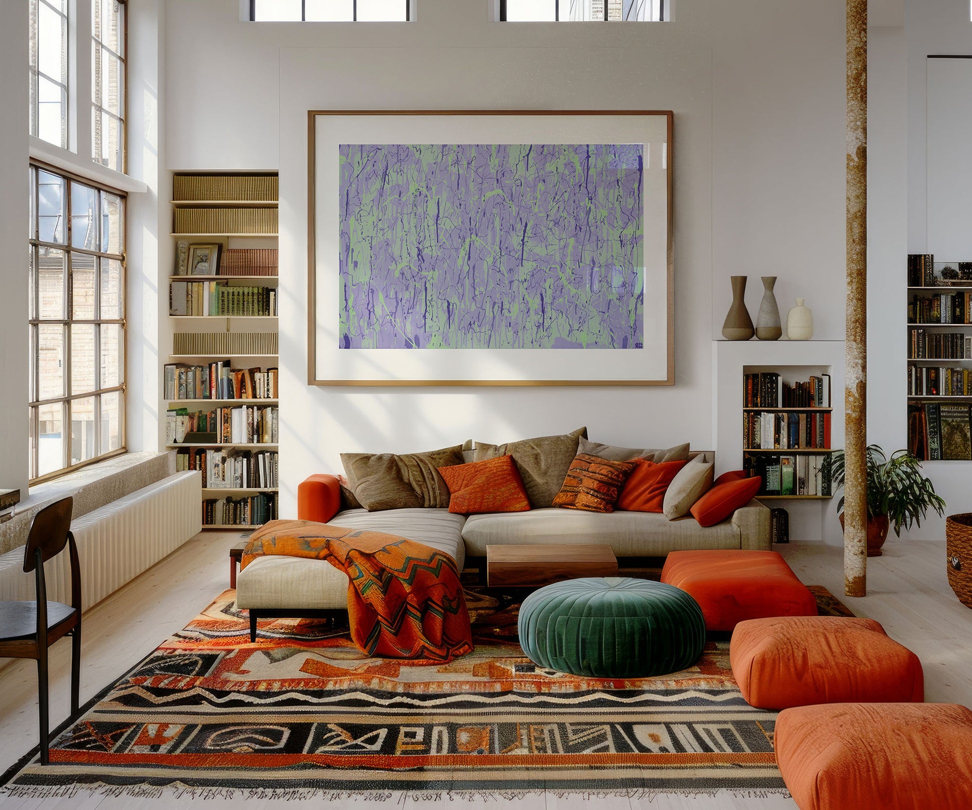 Framed purple abstract wall art print by The Jana Saga displayed above a sofa in a bright modern living room.