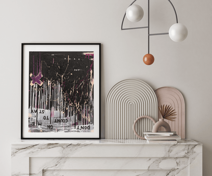 Framed abstract wall art print by The Jana Saga styled on a marble console in a modern interior.